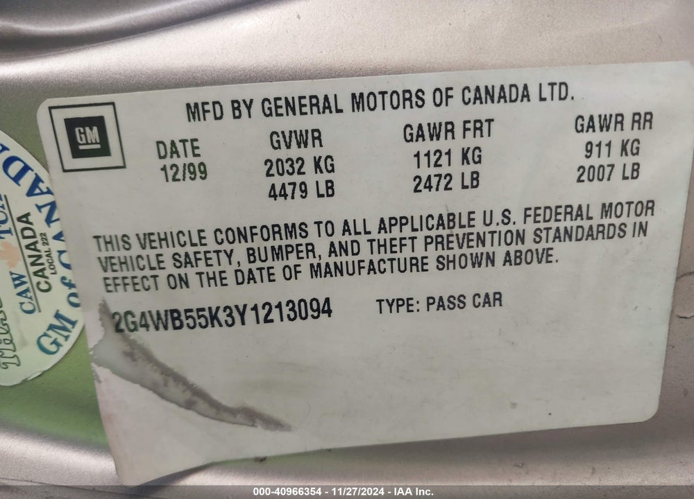 2000 BUICK REGAL LS VIN: 2G4WB55K3Y1213094