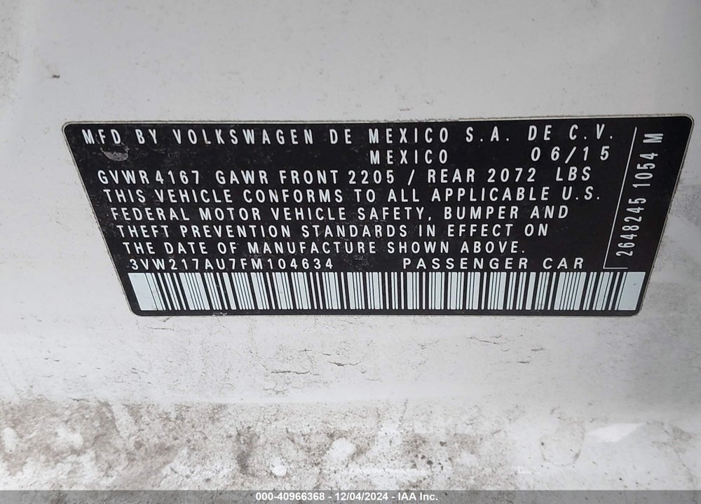 2015 VOLKSWAGEN GOLF TSI SE 4-DOOR VIN: 3VW217AU7FM104634