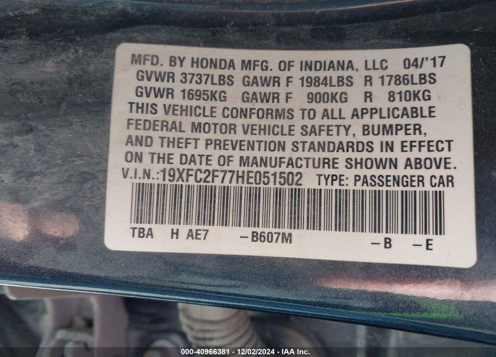 2017 HONDA CIVIC EX VIN: 19XFC2F77HE051502