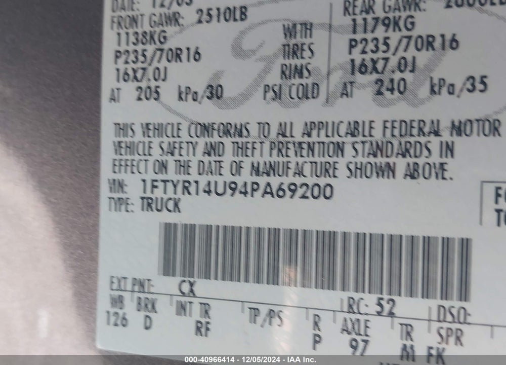 2004 FORD RANGER EDGE/TREMOR/XL/XLT VIN: 1FTYR14U94PA69200