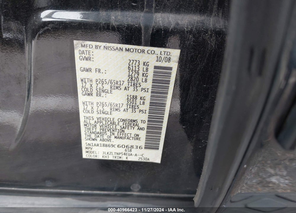 2009 NISSAN PATHFINDER SE VIN: 5N1AR18B69C606836