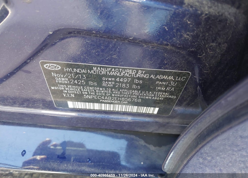2014 HYUNDAI SONATA SE 2.0T VIN: 5NPEC4AB2EH856768