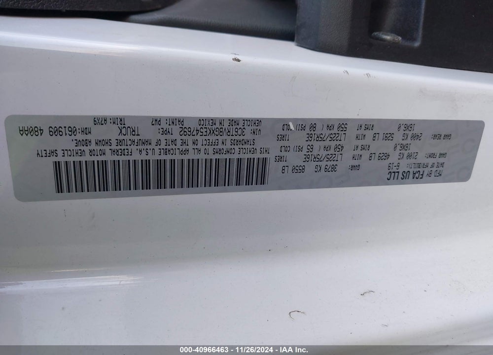 2019 RAM PROMASTER 1500 136 WB VIN: 3C6TRVBGXKE547692