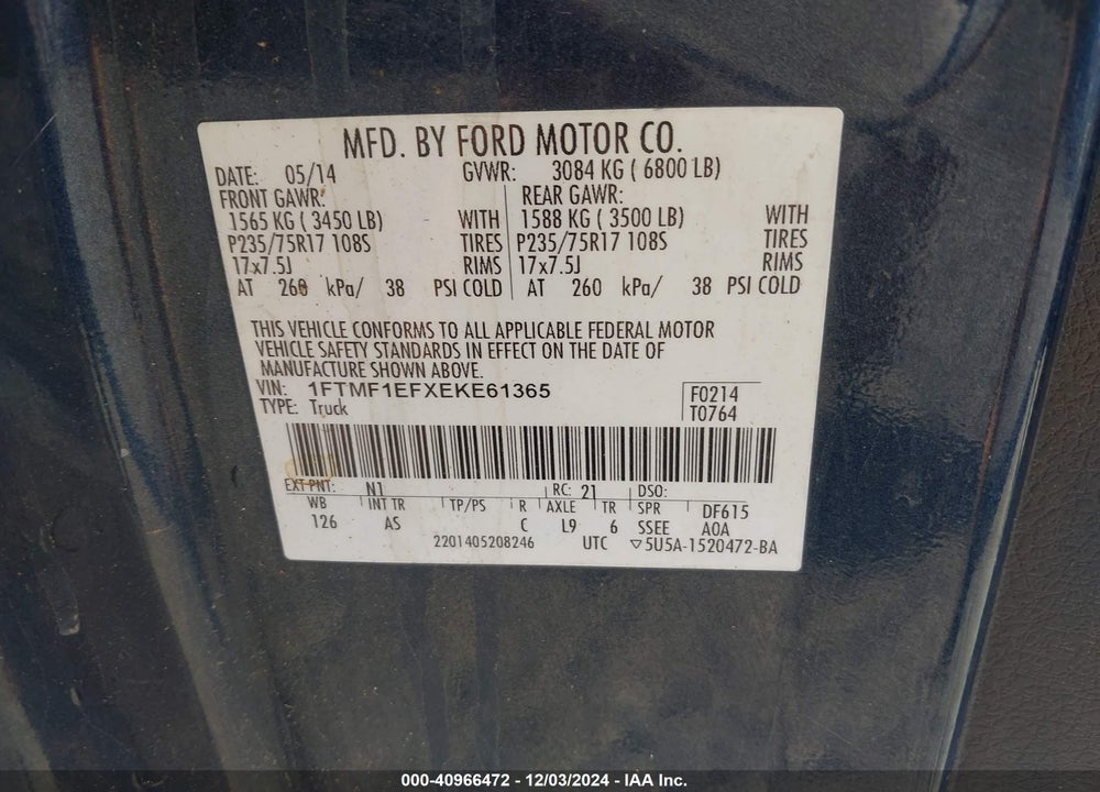 2014 FORD F-150 VIN: 1FTMF1EFXEKE61365