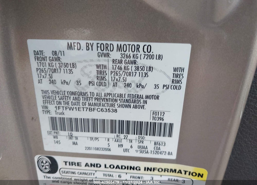 2011 FORD F-150 XLT VIN: 1FTFW1ET7BFC63538