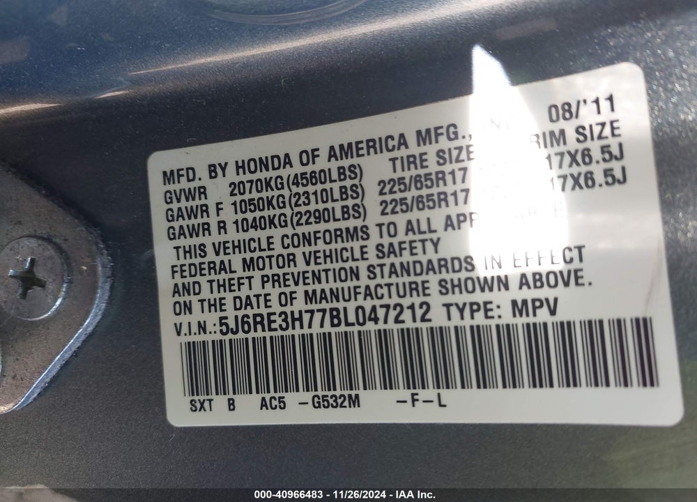 2011 HONDA CR-V EX-L VIN: 5J6RE3H77BL047212