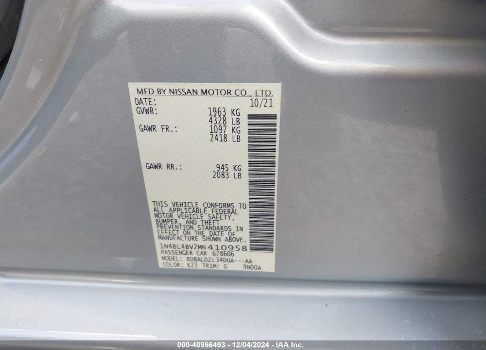 2021 NISSAN ALTIMA VIN: 1N4BL4BV2MN410958