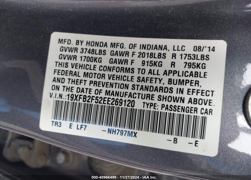 2014 HONDA CIVIC LX VIN: 19XFB2F52EE269120