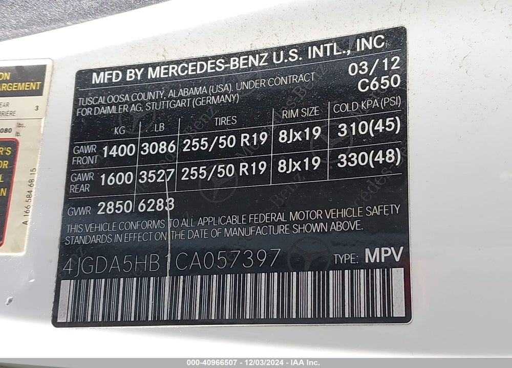 2012 MERCEDES-BENZ ML 350 4MATIC VIN: 4JGDA5HB1CA057397