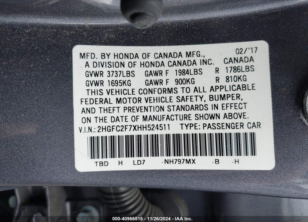2017 HONDA CIVIC EX VIN: 2HGFC2F7XHH524511
