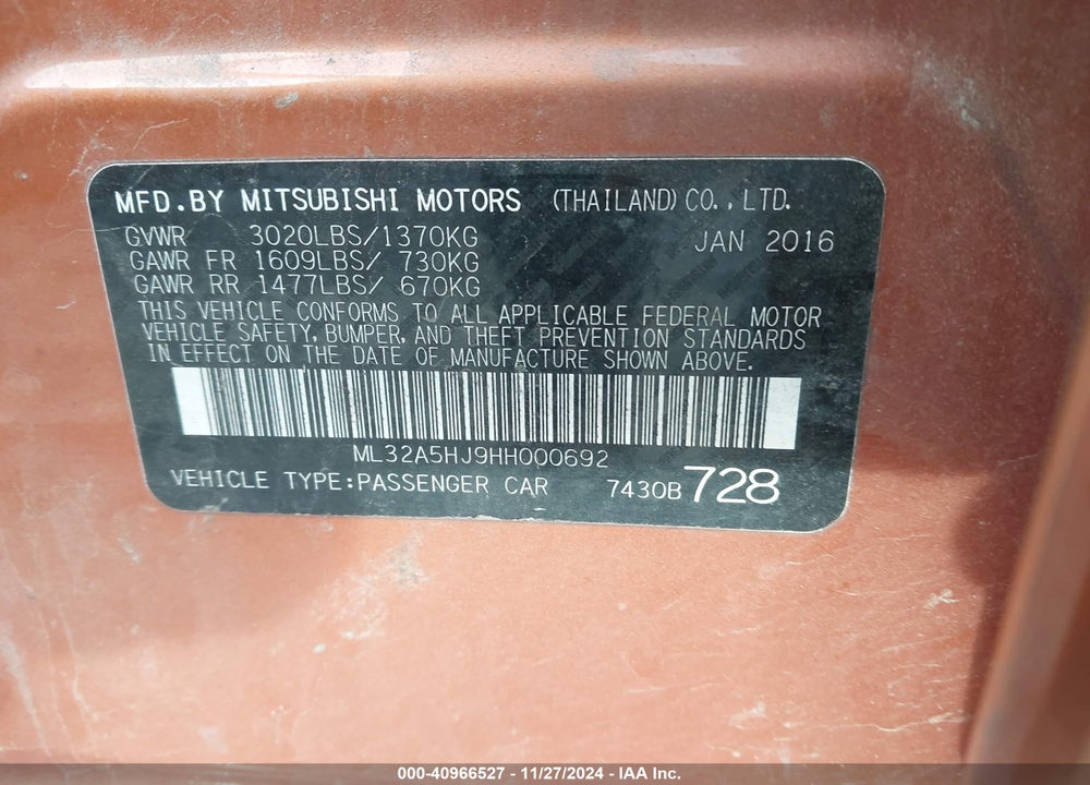 2017 MITSUBISHI MIRAGE GT VIN: ML32A5HJ9HH000692