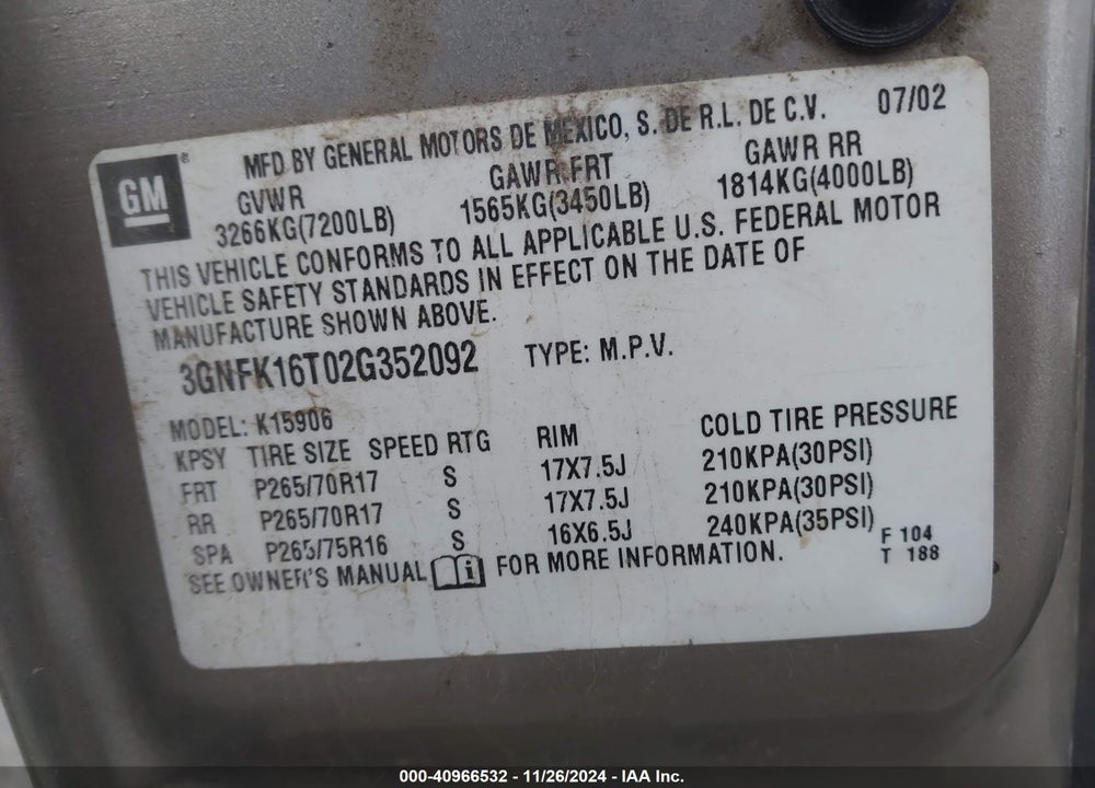 2002 CHEVROLET SUBURBAN 1500 Z71 VIN: 3GNFK16T02G352092