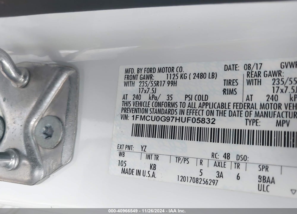 2017 FORD ESCAPE SE VIN: 1FMCU0G97HUF05832