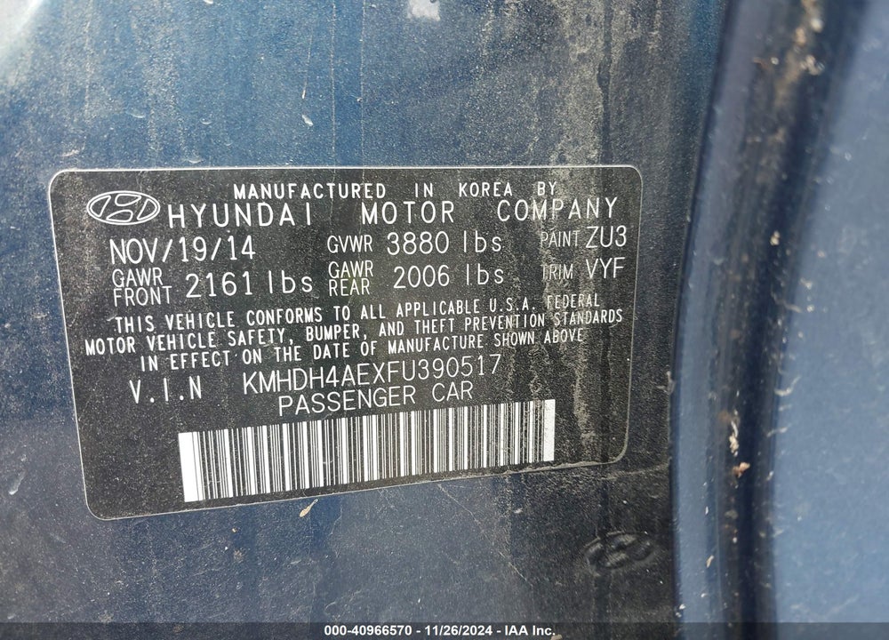 2015 HYUNDAI ELANTRA SE (ULSAN PLANT) VIN: KMHDH4AEXFU390517