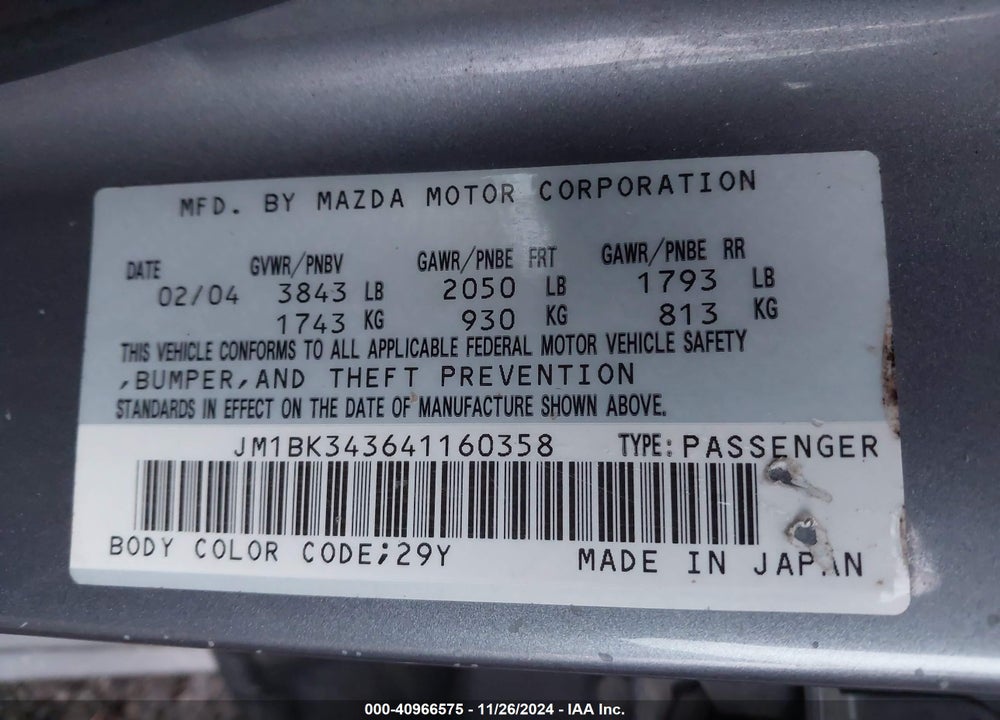 2004 MAZDA 3 S VIN: JM1BK343641160358