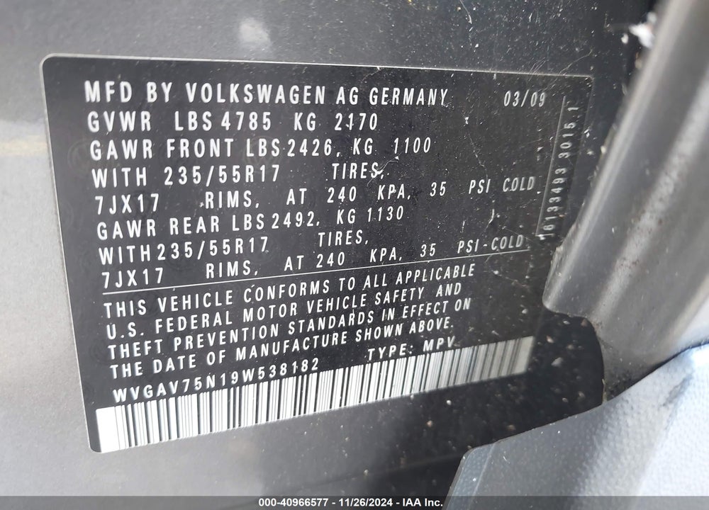 2009 VOLKSWAGEN TIGUAN VIN: WVGAV75N19W538182