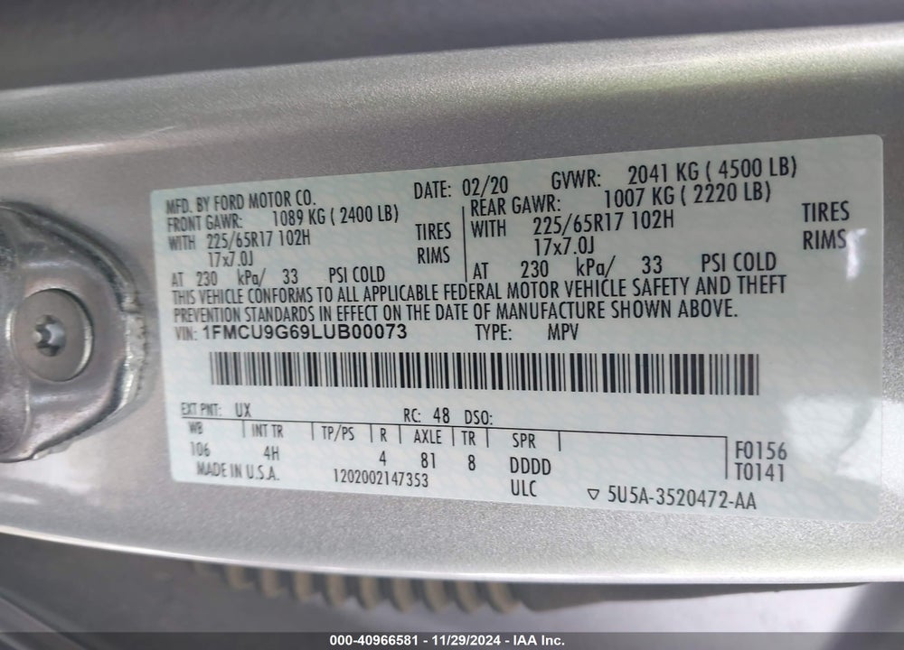 2020 FORD ESCAPE SE VIN: 1FMCU9G69LUB00073