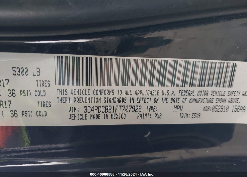 2015 DODGE JOURNEY SXT VIN: 3C4PDCBB1FT707929