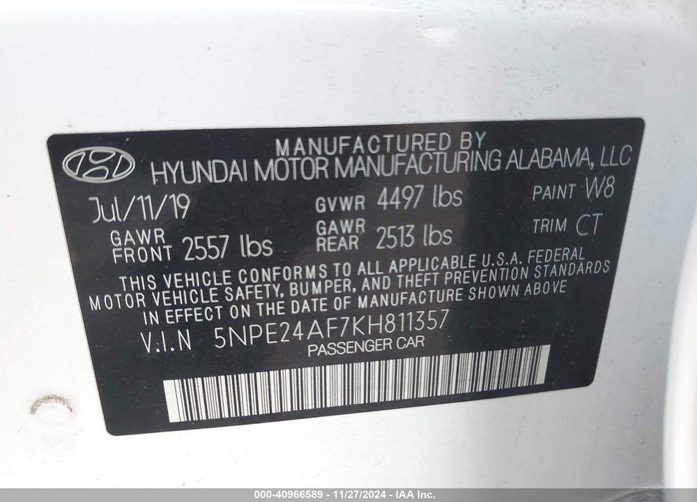 2019 HYUNDAI SONATA SE VIN: 5NPE24AF7KH811357