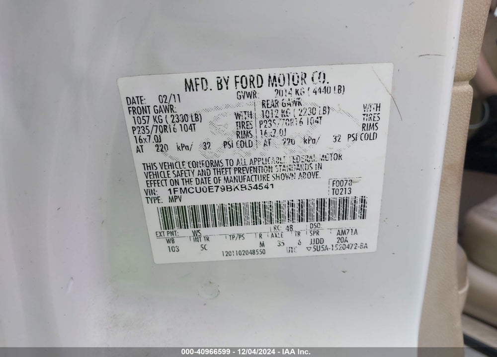 2011 FORD ESCAPE LIMITED VIN: 1FMCU0E79BKB54541