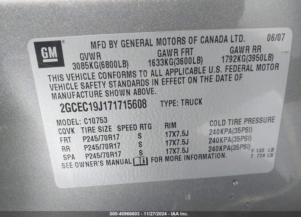 2007 CHEVROLET SILVERADO 1500 LT1 VIN: 2GCEC19J171715608