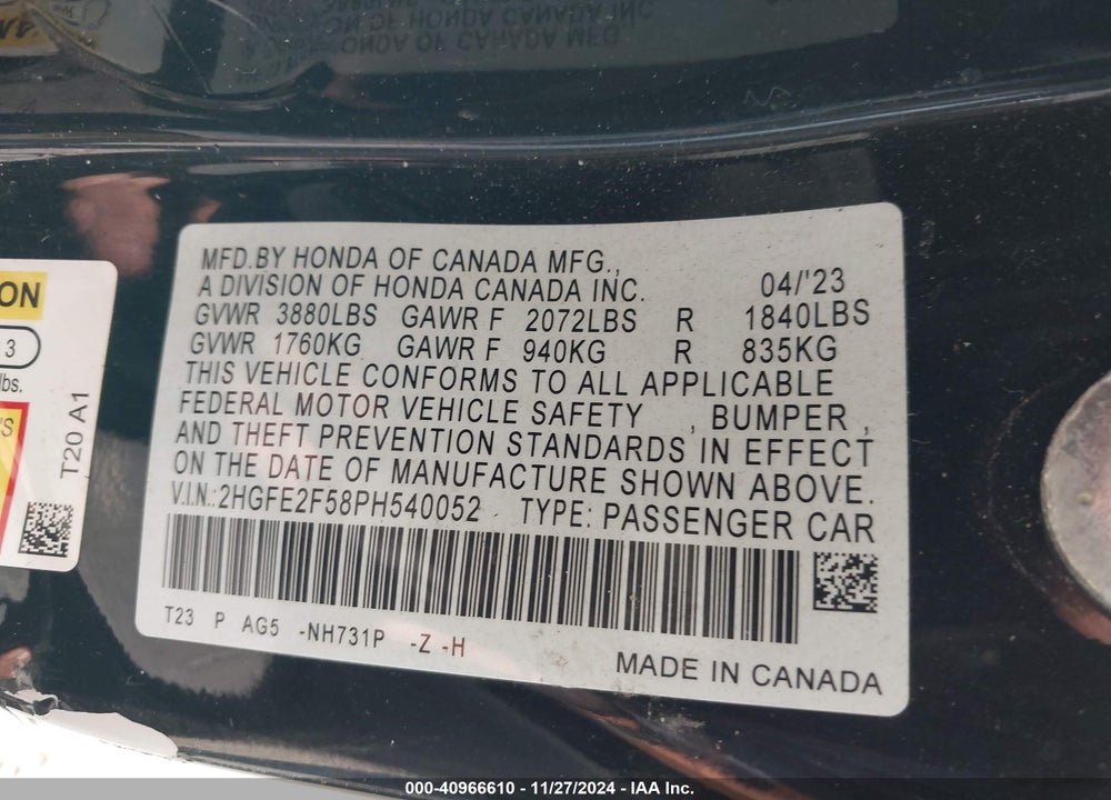 2023 HONDA CIVIC VIN: 2HGFE2F58PH540052