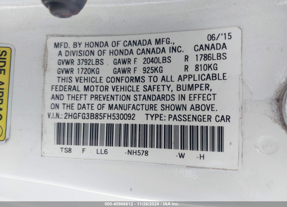 2015 HONDA CIVIC EX VIN: 2HGFG3B85FH530092