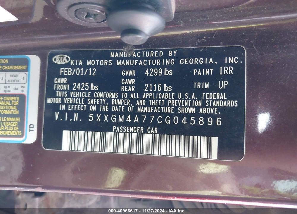 2012 KIA OPTIMA LX VIN: 5XXGM4A77CG045896