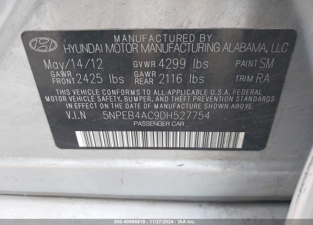 2013 HYUNDAI SONATA GLS VIN: 5NPEB4AC9DH527754