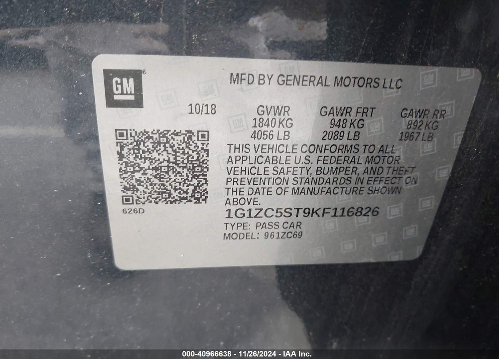 2019 CHEVROLET MALIBU 1FL VIN: 1G1ZC5ST9KF116826