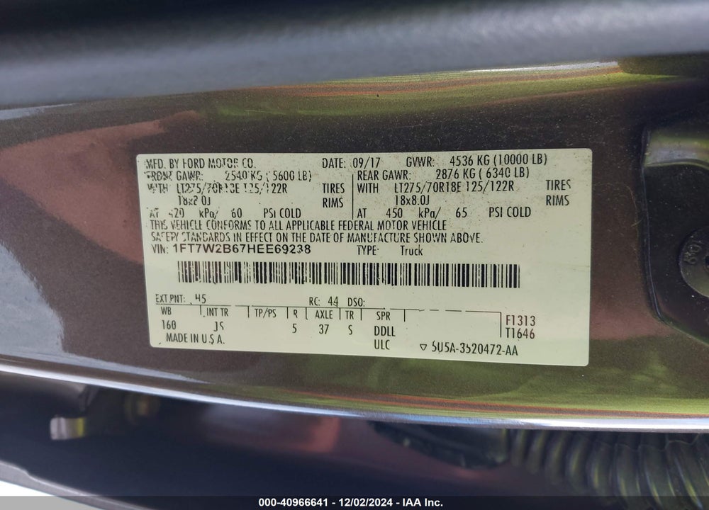 2017 FORD F-250 XL VIN: 1FT7W2B67HEE69238