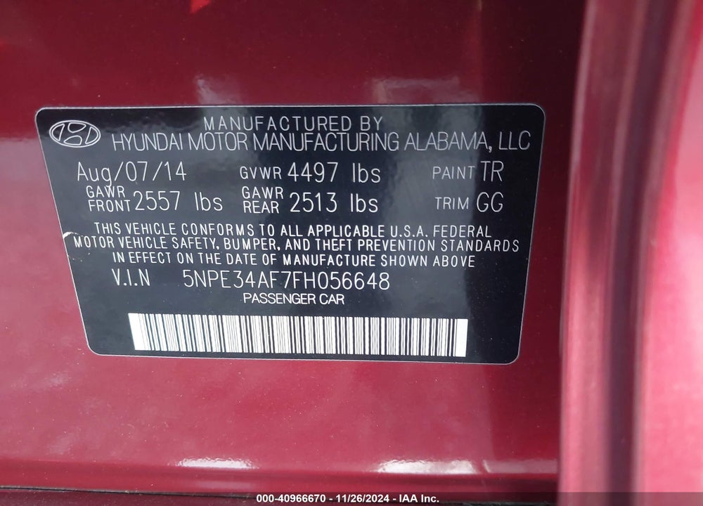 2015 HYUNDAI SONATA SPORT VIN: 5NPE34AF7FH056648