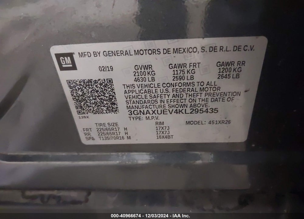 2019 CHEVROLET EQUINOX LT VIN: 3GNAXUEV4KL295435
