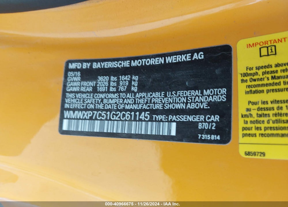 2016 MINI COOPER VIN: WMWXP7C51G2C61145