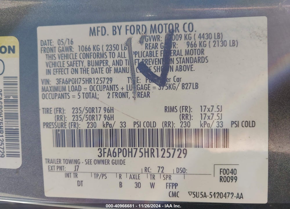 2017 FORD FUSION VIN: 3FA6P0H75HR125729