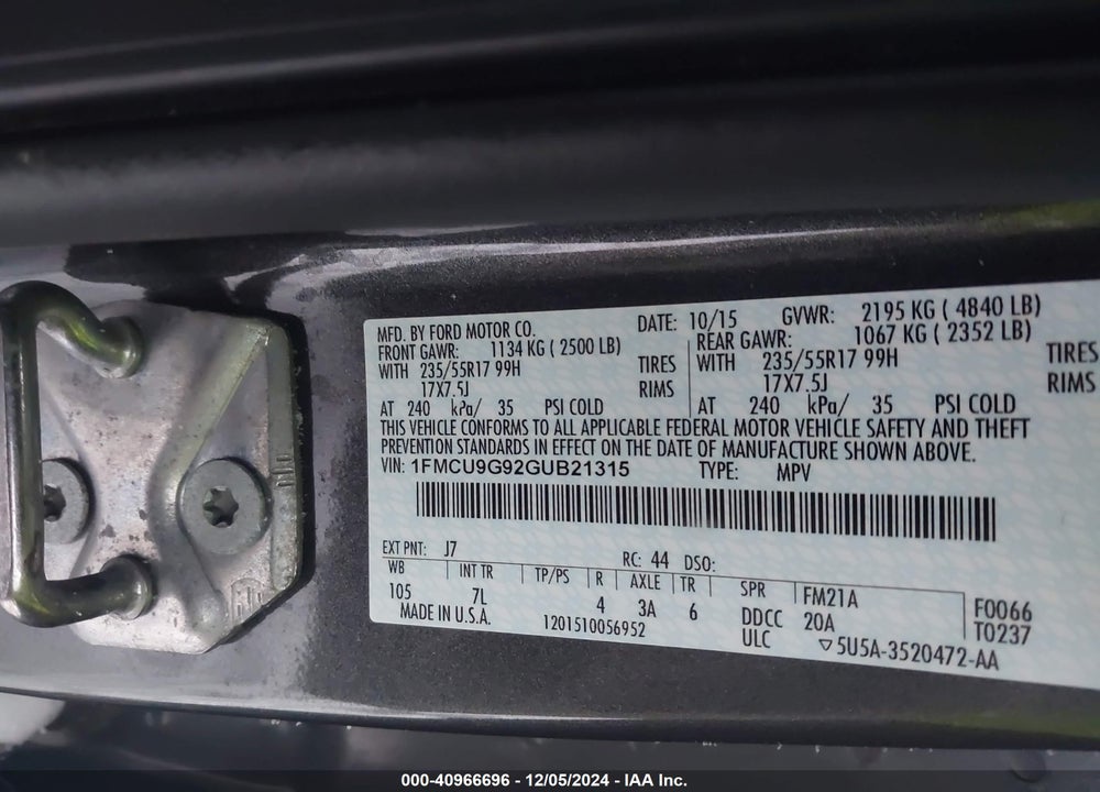 2016 FORD ESCAPE SE VIN: 1FMCU9G92GUB21315