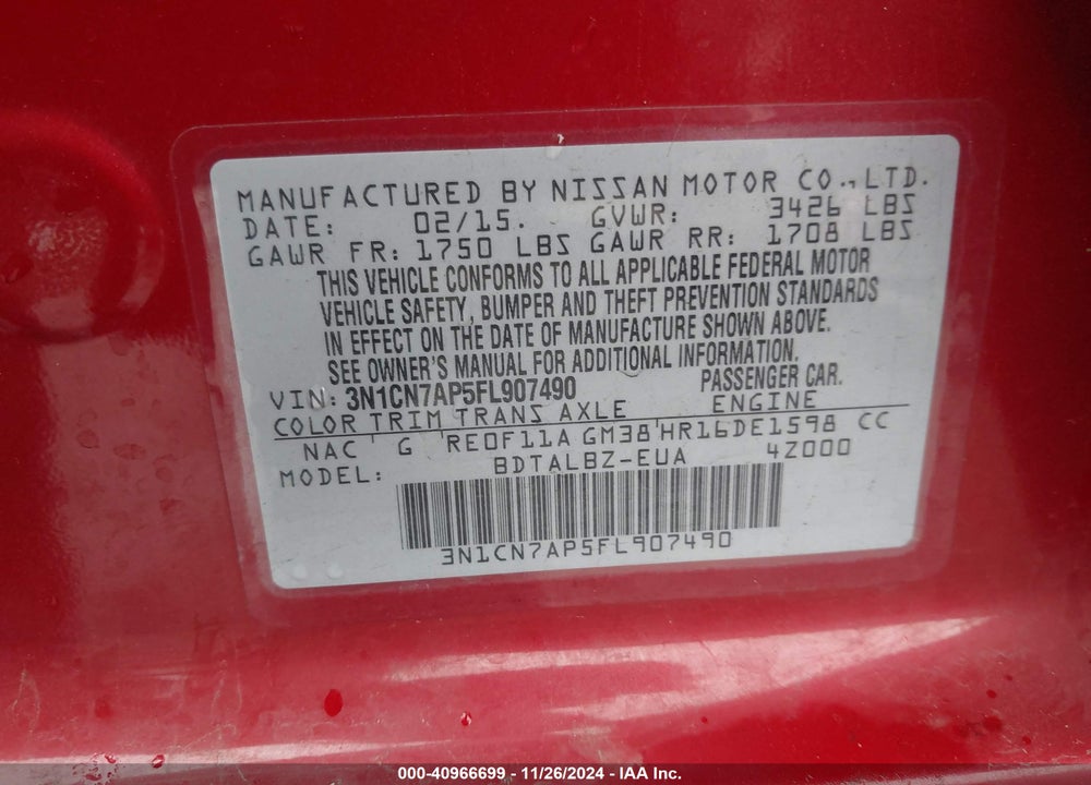 2015 NISSAN VERSA 1.6 S/1.6 S+/1.6 SL/1.6 SV VIN: 3N1CN7AP5FL907490