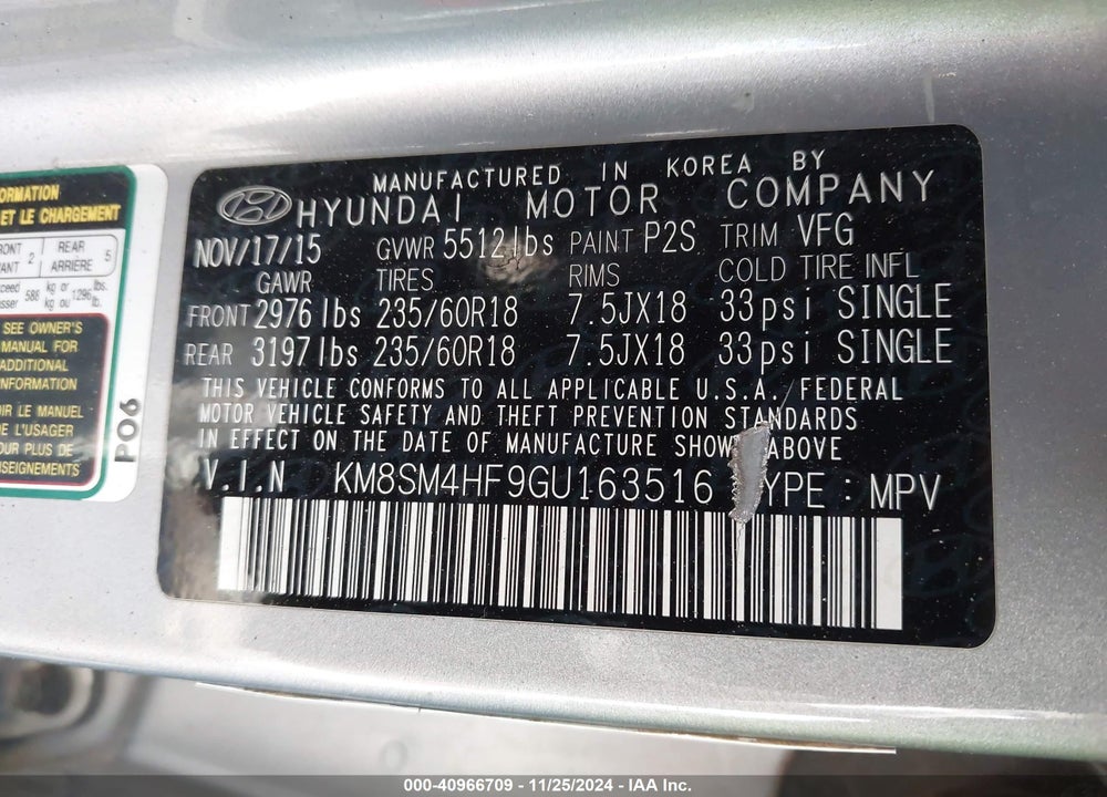 2016 HYUNDAI SANTA FE SE VIN: KM8SM4HF9GU163516