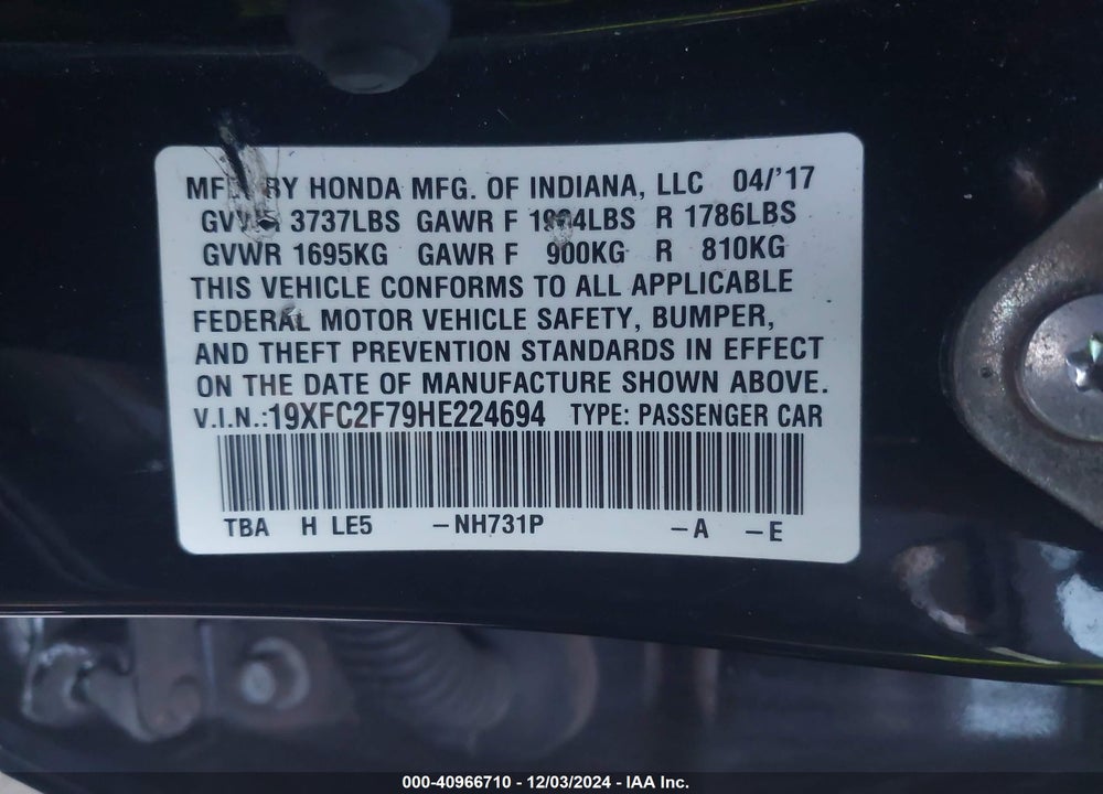 2017 HONDA CIVIC EX VIN: 19XFC2F79HE224694