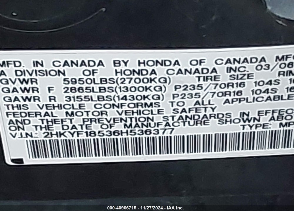 2006 HONDA PILOT EX-L VIN: 2HKYF18536H536377