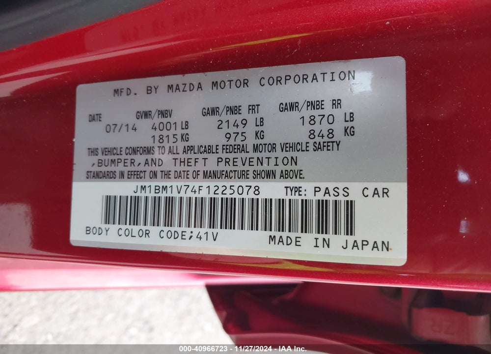 2015 MAZDA MAZDA3 VIN: JM1BM1V74F1225078