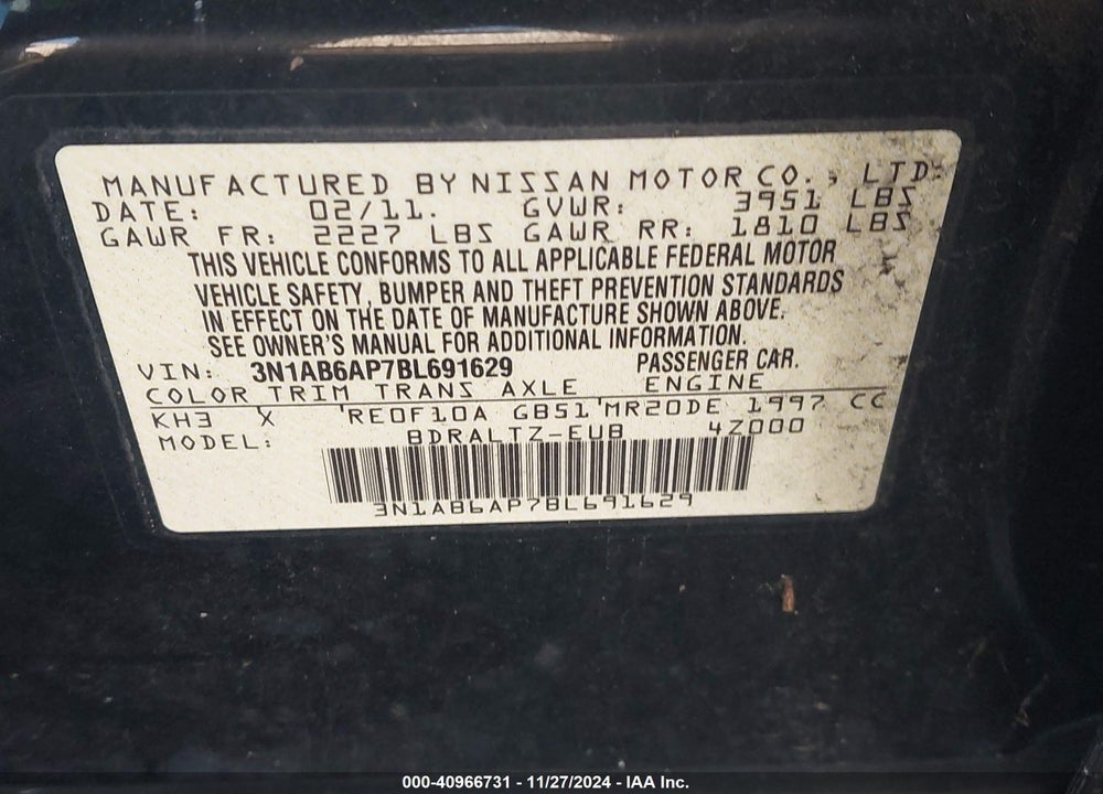 2011 NISSAN SENTRA VIN: 3N1AB6AP7BL691629