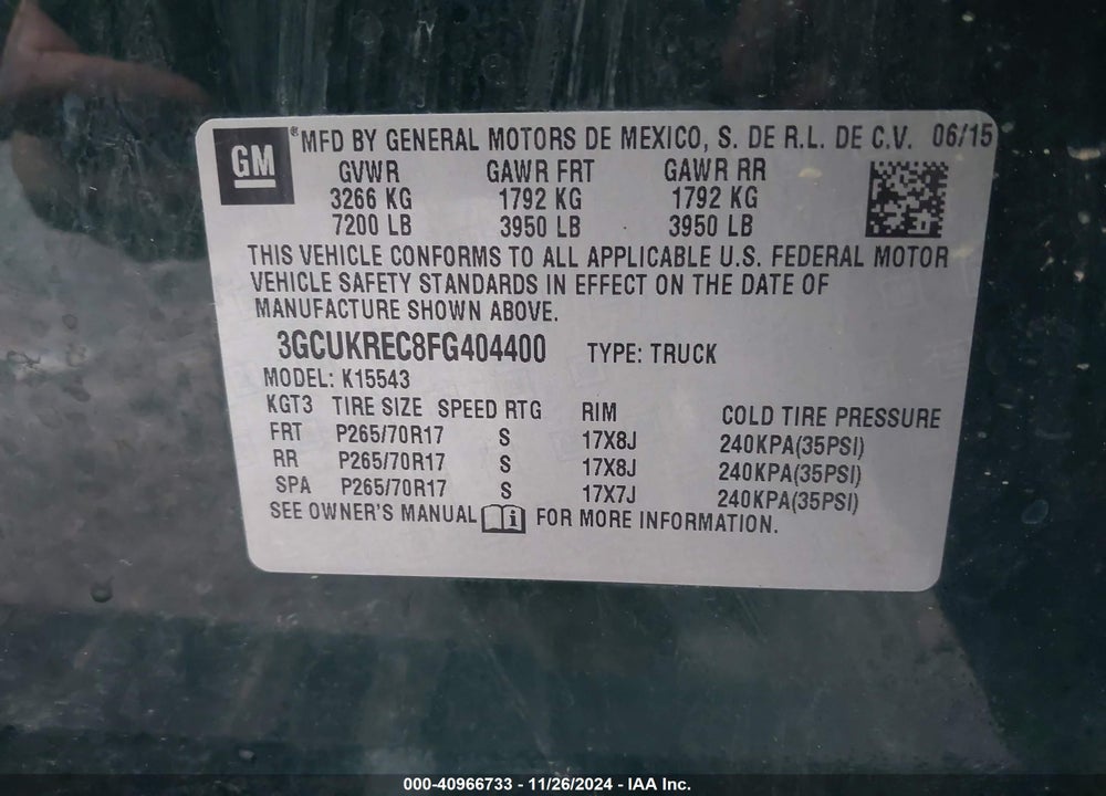 2015 CHEVROLET SILVERADO 1500 1LT VIN: 3GCUKREC8FG404400