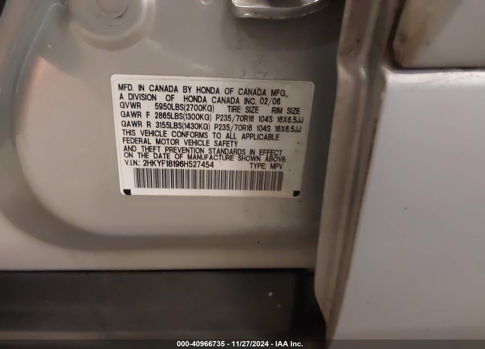 2006 HONDA PILOT LX VIN: 2HKYF18196H527454
