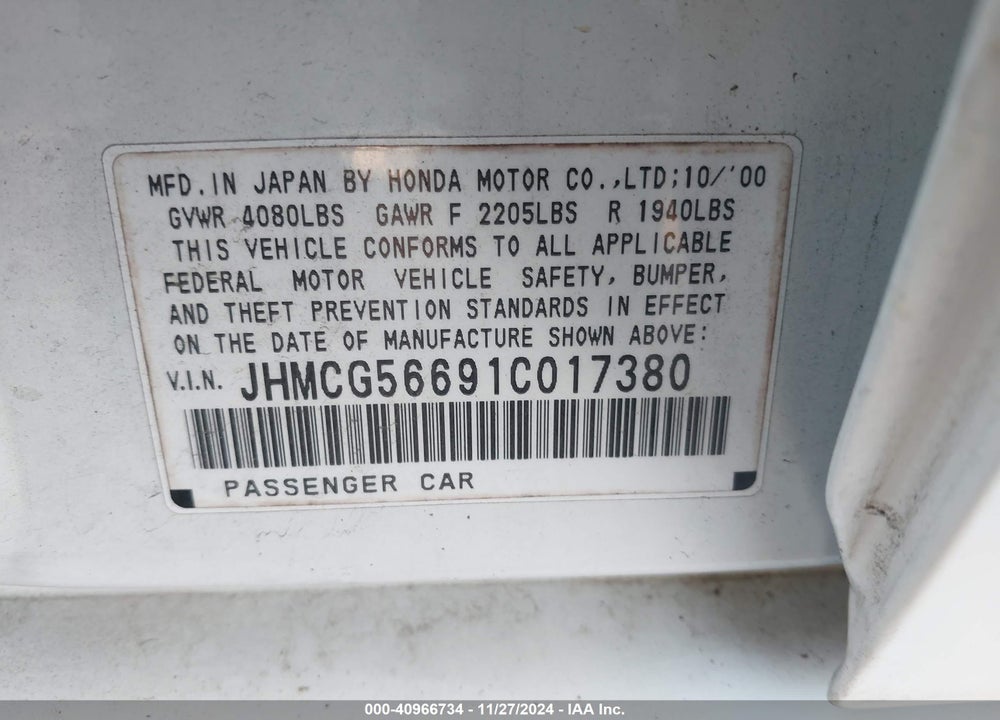 2001 HONDA ACCORD 2.3 EX VIN: JHMCG56691C017380