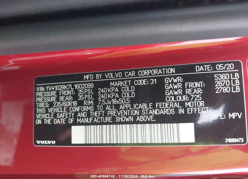 2020 VOLVO XC60 T5 MOMENTUM VIN: YV4102RK7L1602099