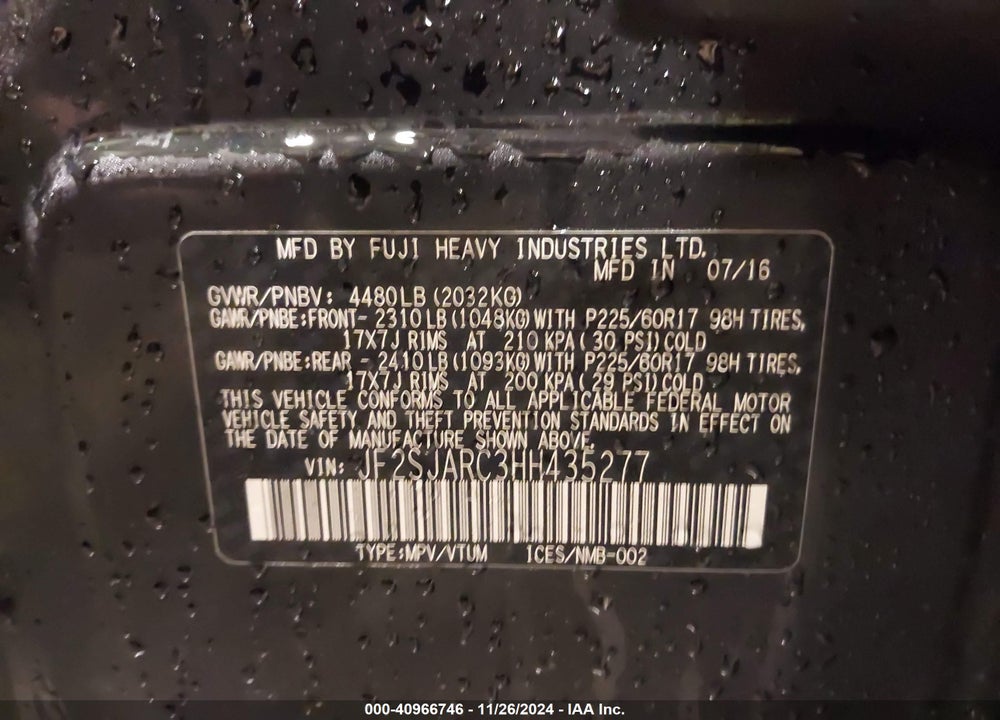 2017 SUBARU FORESTER LIMITED VIN: JF2SJARC3HH435277