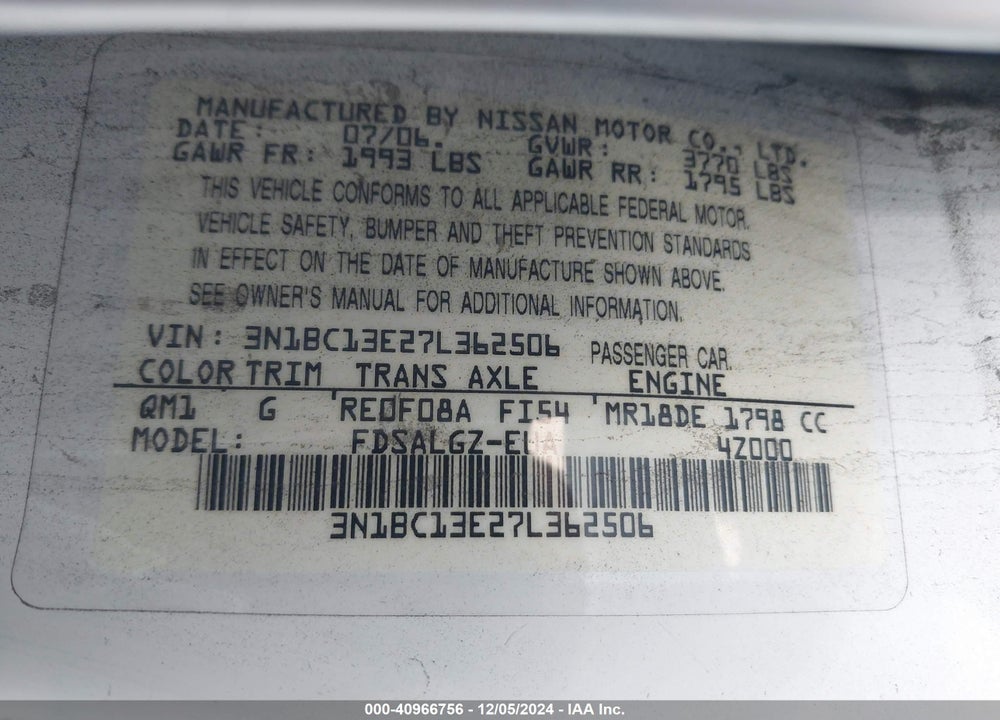 2007 NISSAN VERSA 1.8SL VIN: 3N1BC13E27L362506