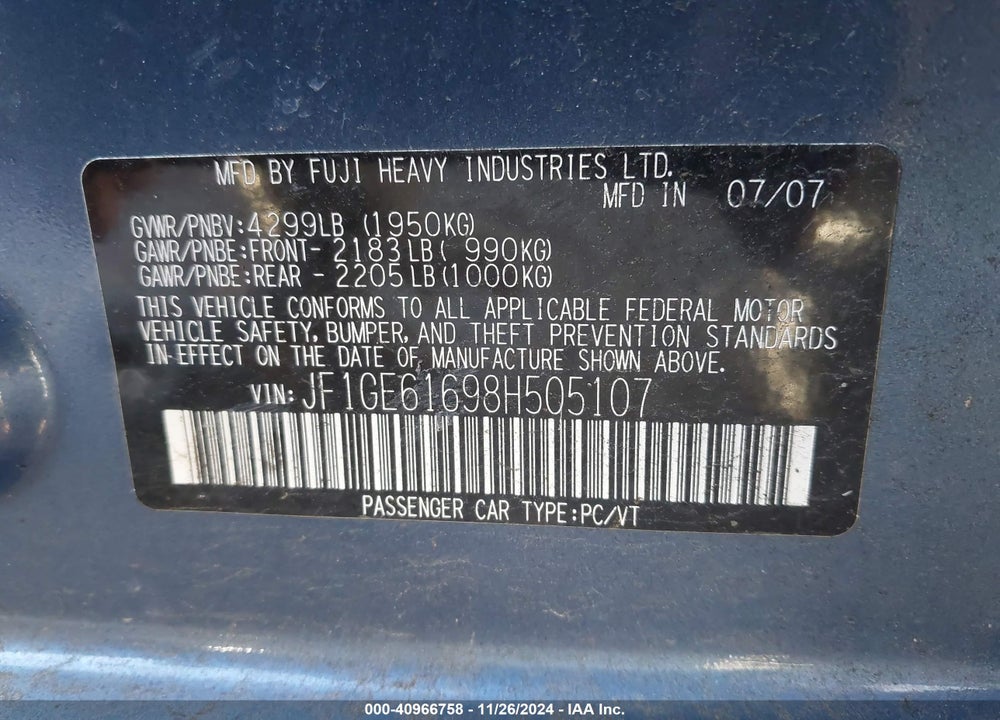 2008 SUBARU IMPREZA 2.5I VIN: JF1GE61698H505107