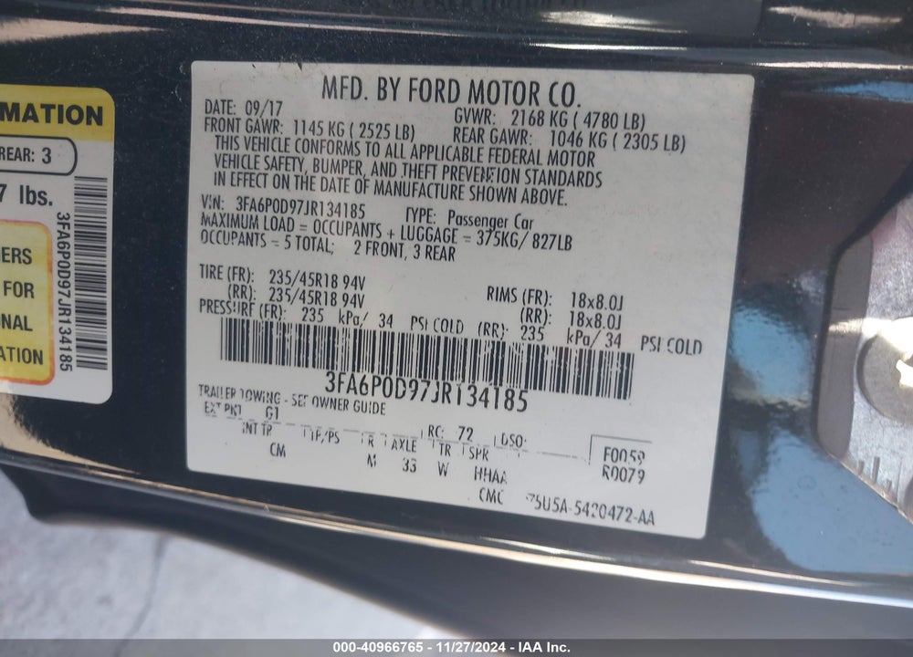 2018 FORD FUSION VIN: 3FA6P0D97JR134185